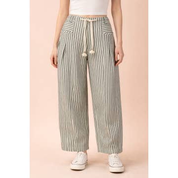GREEN STRIPED BARREL DENIM PANTS