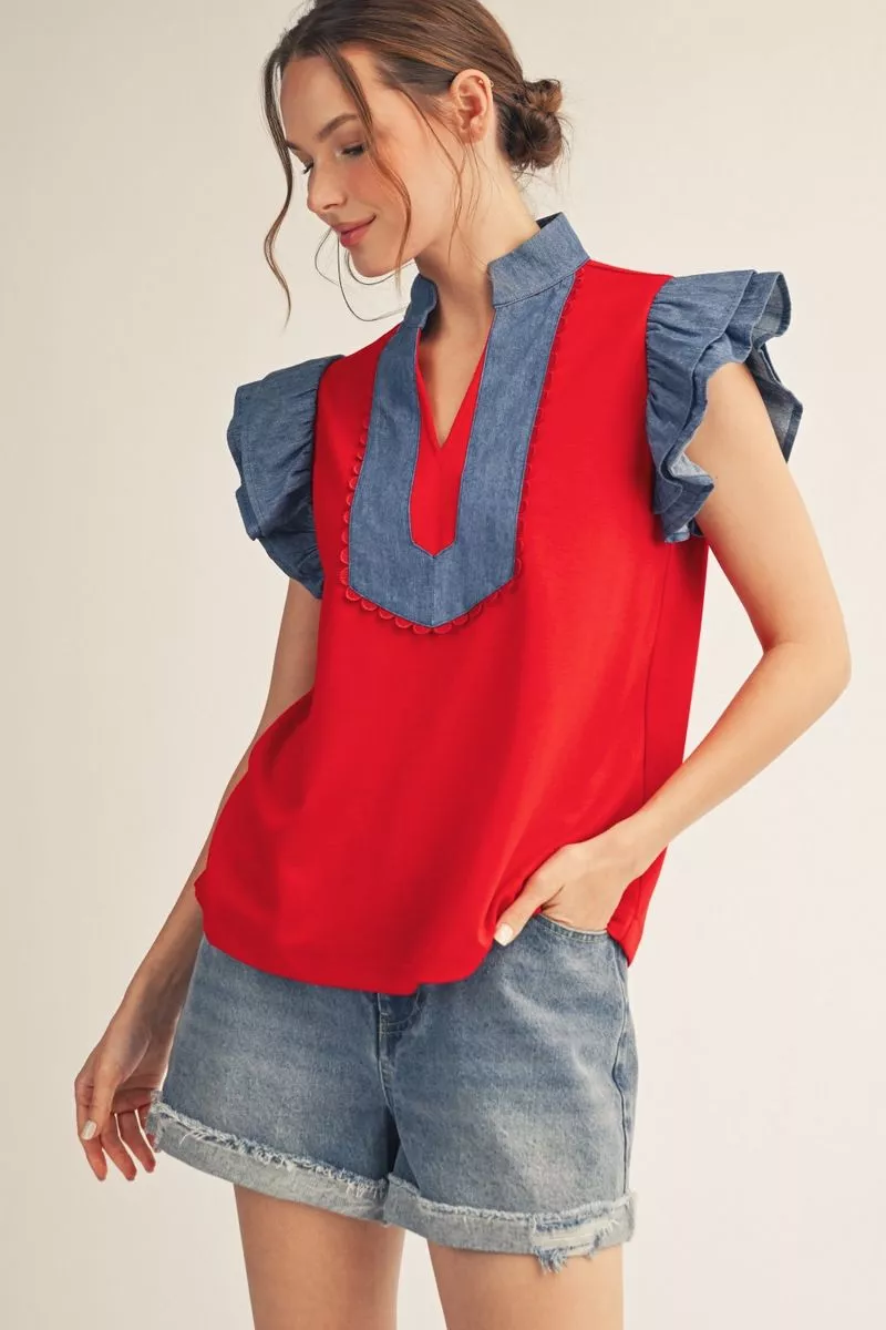 RUFFLE SLEEVE V-NECK TOP WITH DENIM CONTRAST