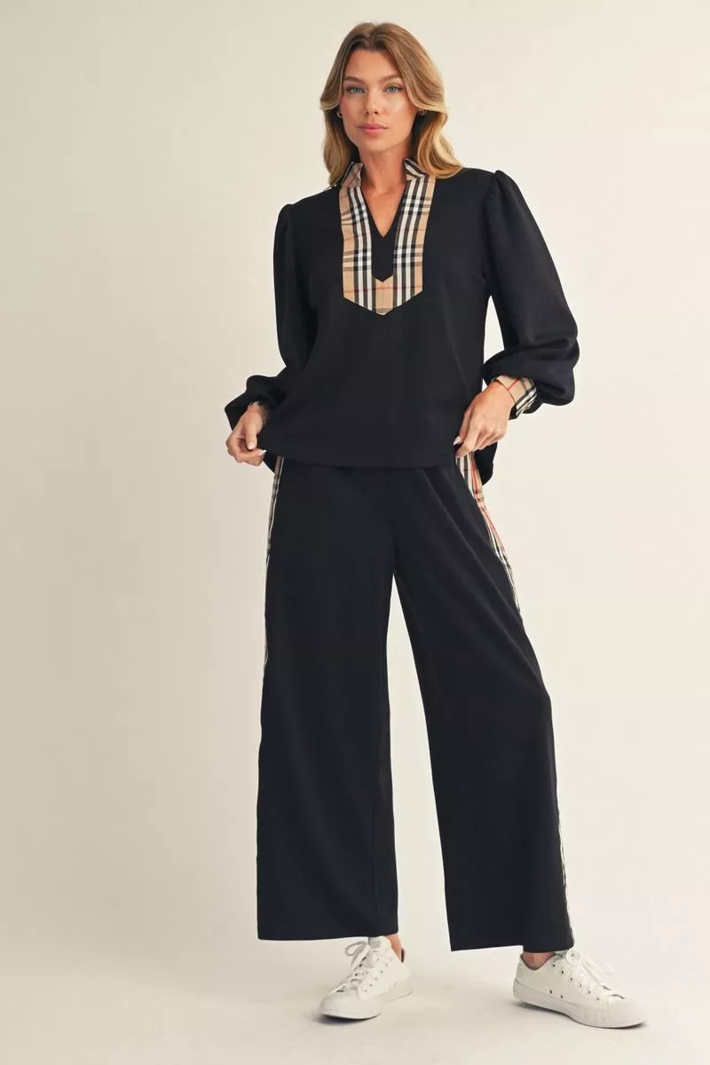 BLACK 2PC SET PUFF SLEEVE TOP & WIDE LEG SWEAT PANTS W/PLAID CONTRAST