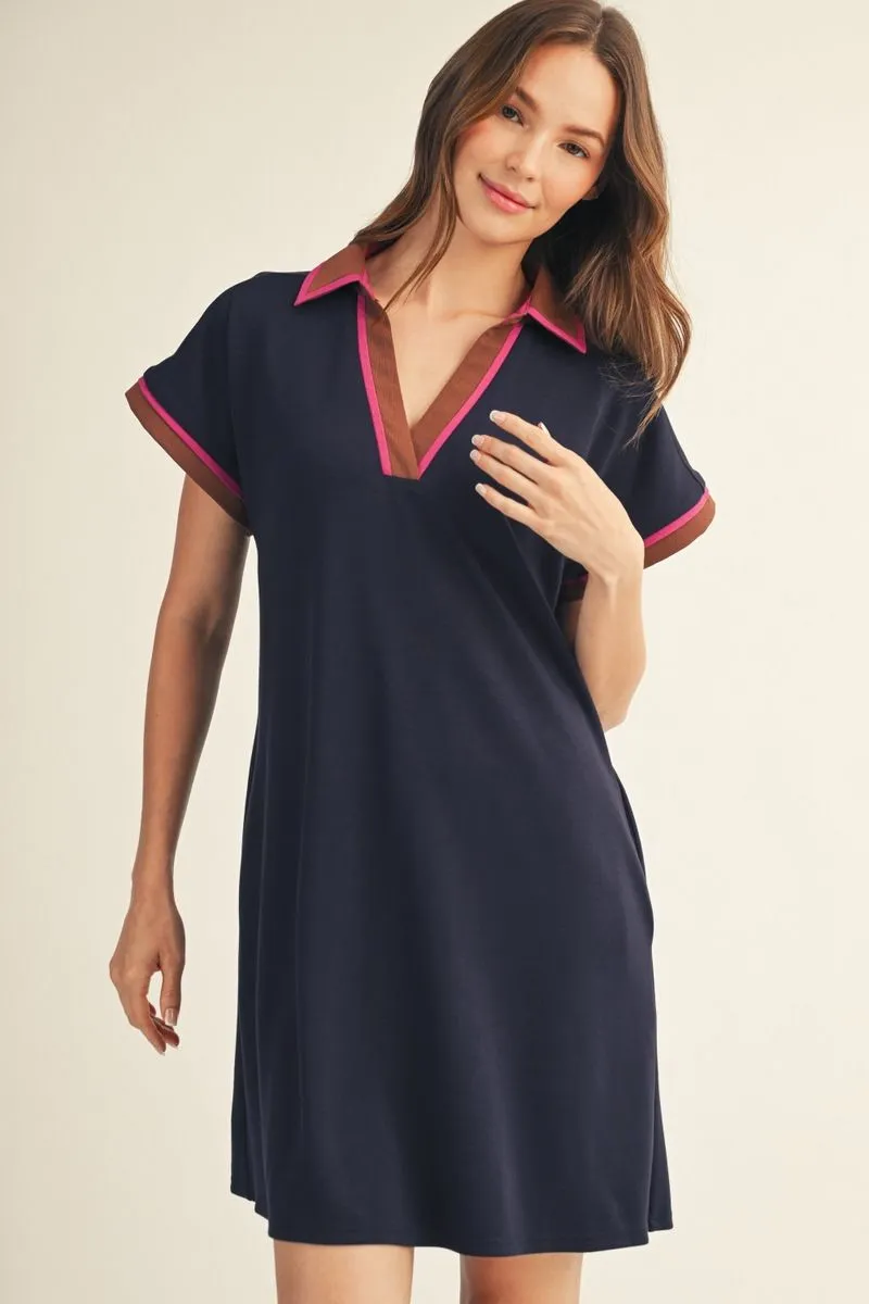 NAVY CASUAL DRESS W/CONTRAST TRIM