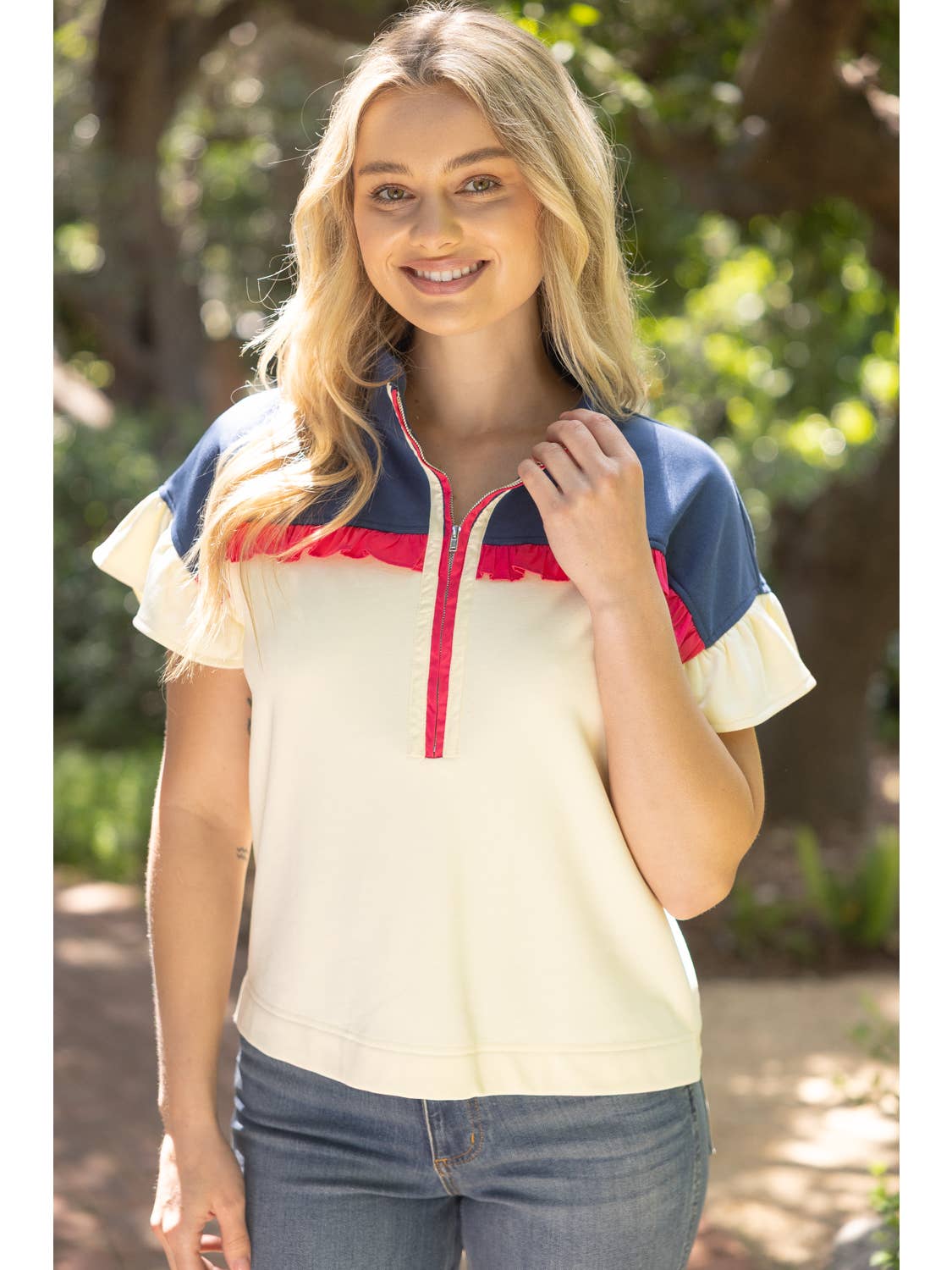 CREAM HALF ZIP RUFFLED COLOR BLOCK FRENCH TERRY TOP