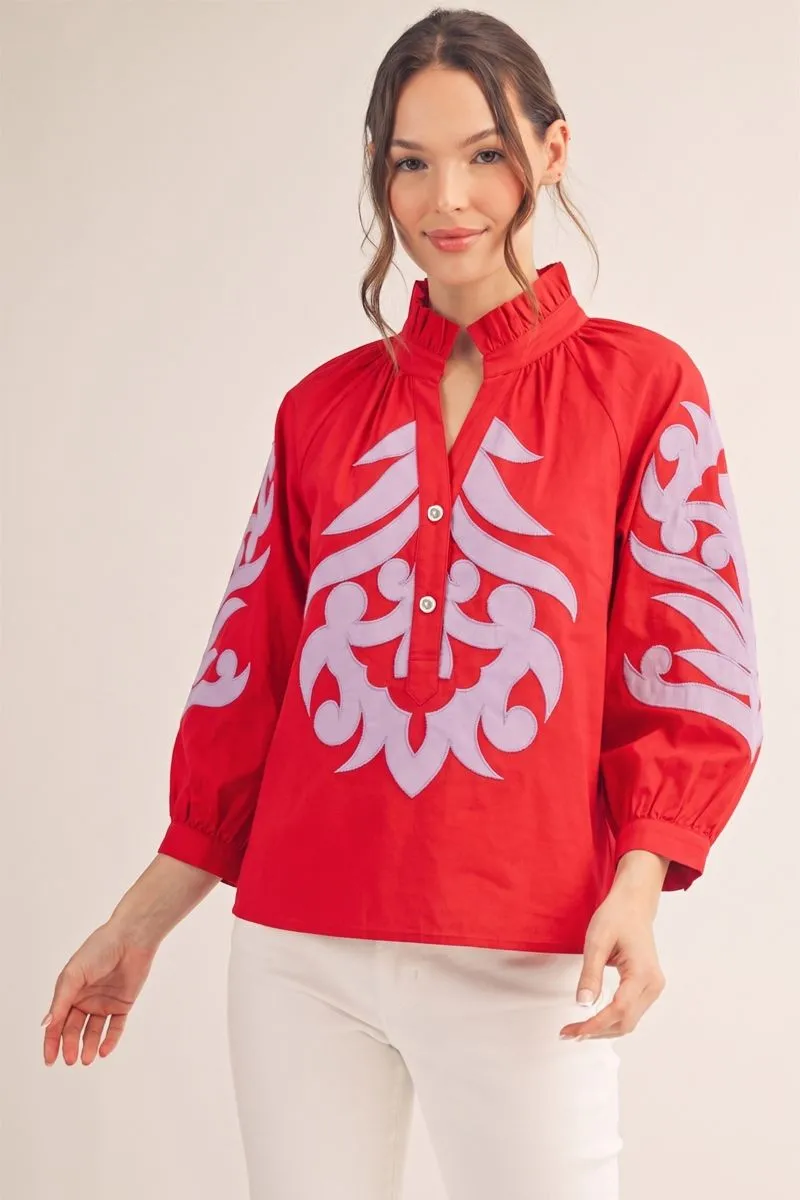 LILAC & RED BAROQUE APPLIQUE DETAIL TOP WITH RUFFLED NECK LINE