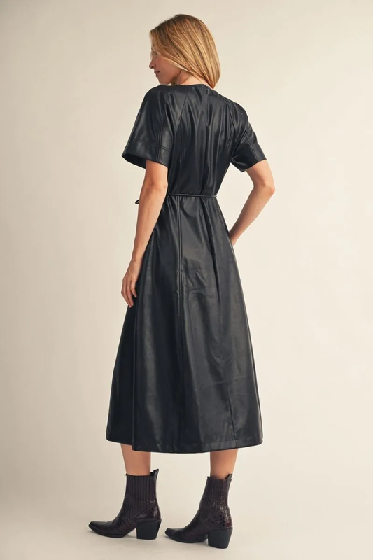BROWN FAUX LEATHER WAIST TIE MIDI DRESS