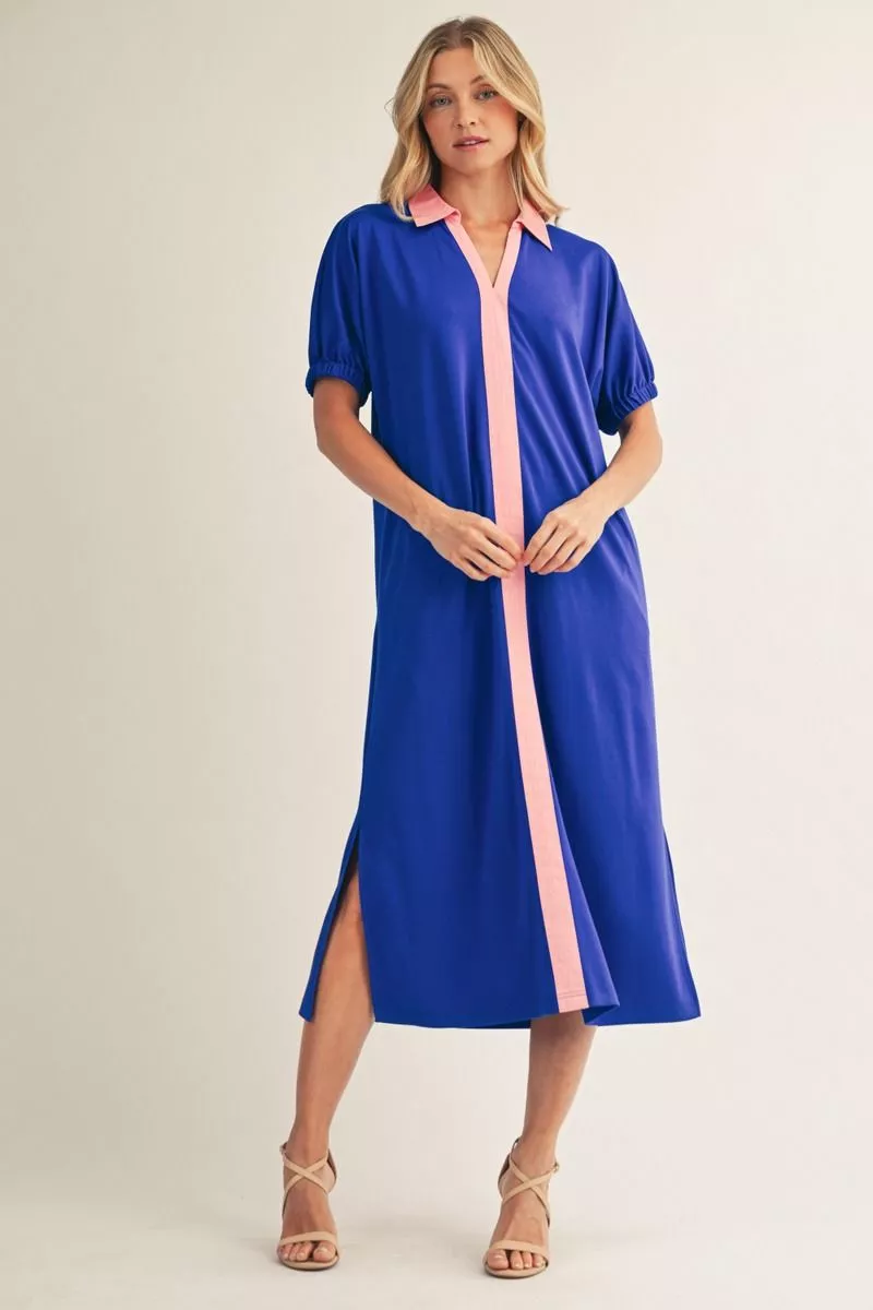 ROYAL MIDI DRESS W/PINK CONTRAST TRIM