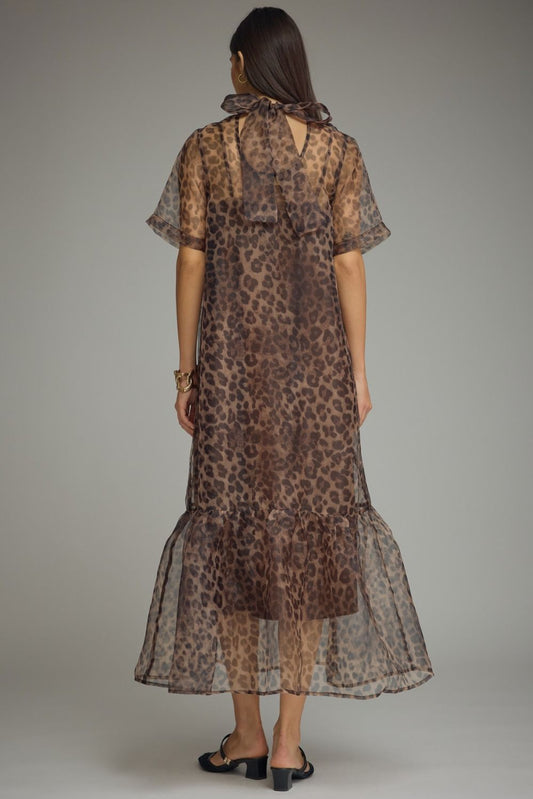 BROWN LEOPARD PRINT SHORT SLEEVE MIDI DRESS WITH HIGH NECK & BACK TIE DETAIL (Copy)