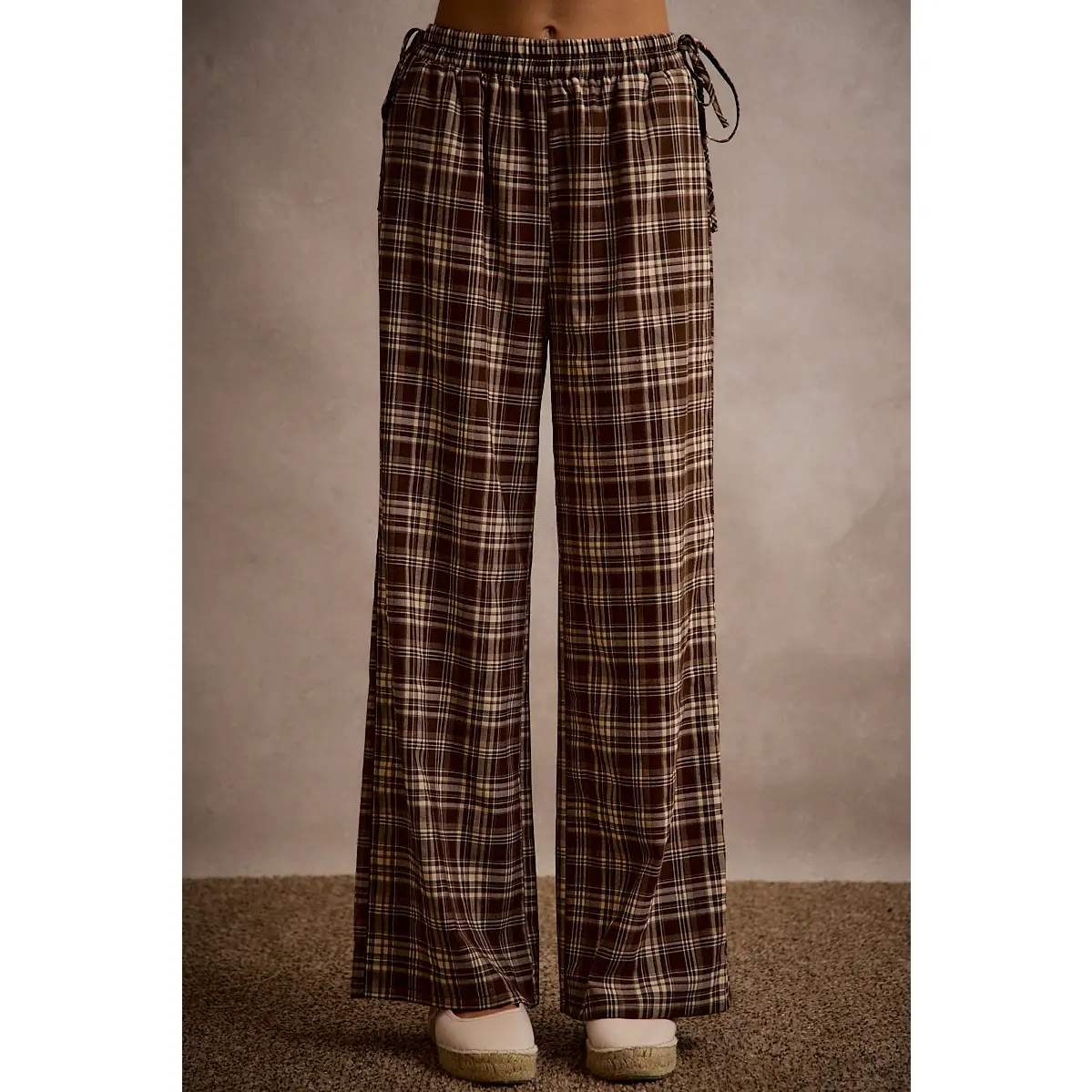 BROWN PLAID CHECK STRAIGHT LEG PANTS W/WAIST TIE RIBBON