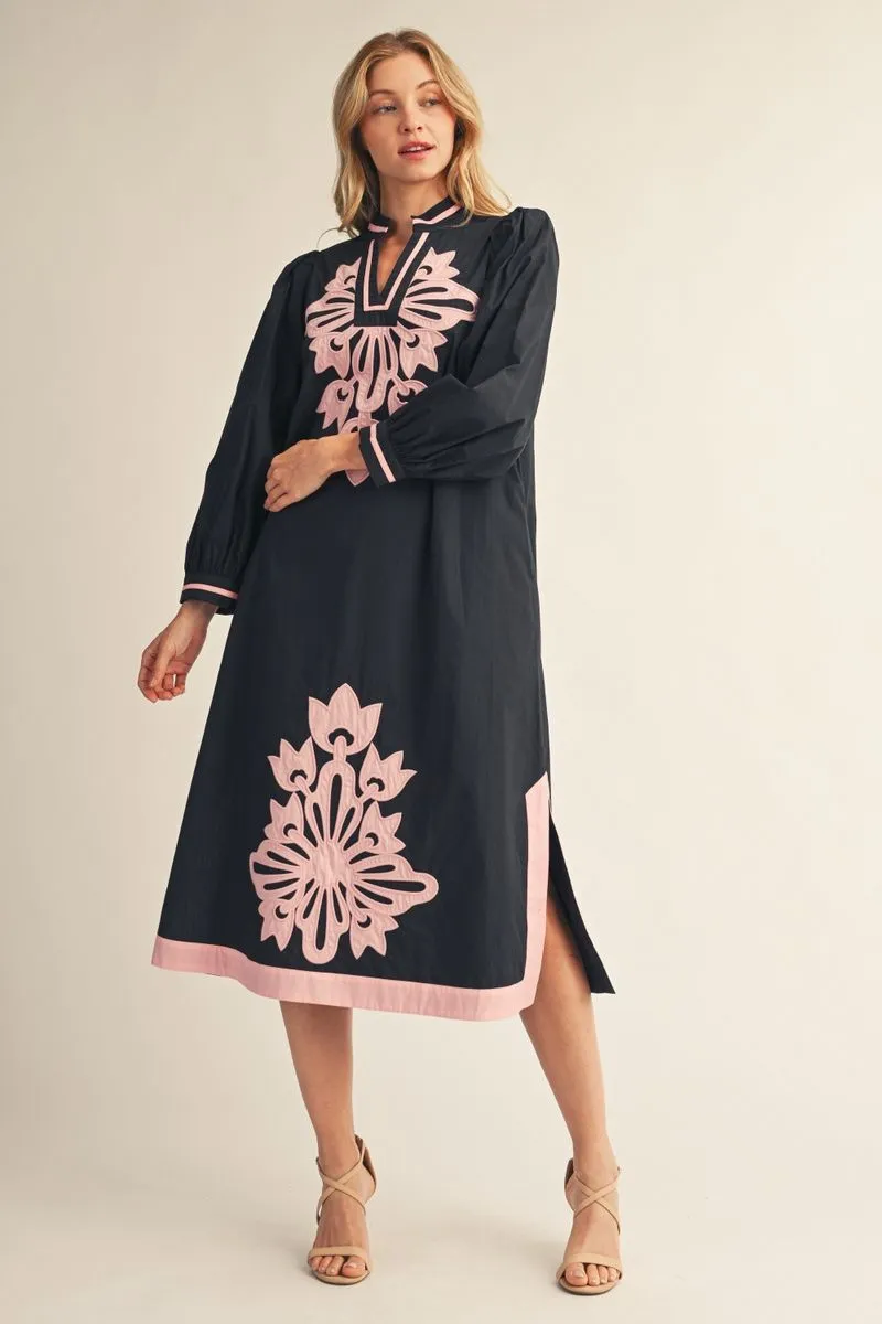 NAVY PUFF SHOULDER LONG SLEEVE MIDI DRESS WITH FLORAL APPLIQUE