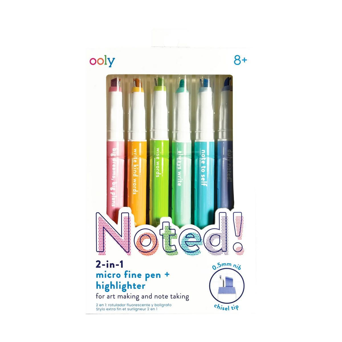 NOTED!: 2-IN-1 MICRO FINE TIP PEN + HIGHLIGHTER - SET OF 6