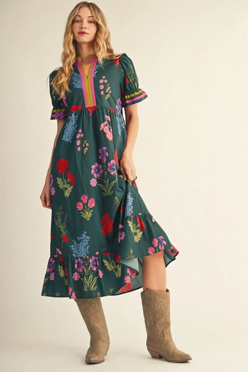 HUNTER GREEN FLORAL MIDI DRES WITH CONTRAST TRIM
