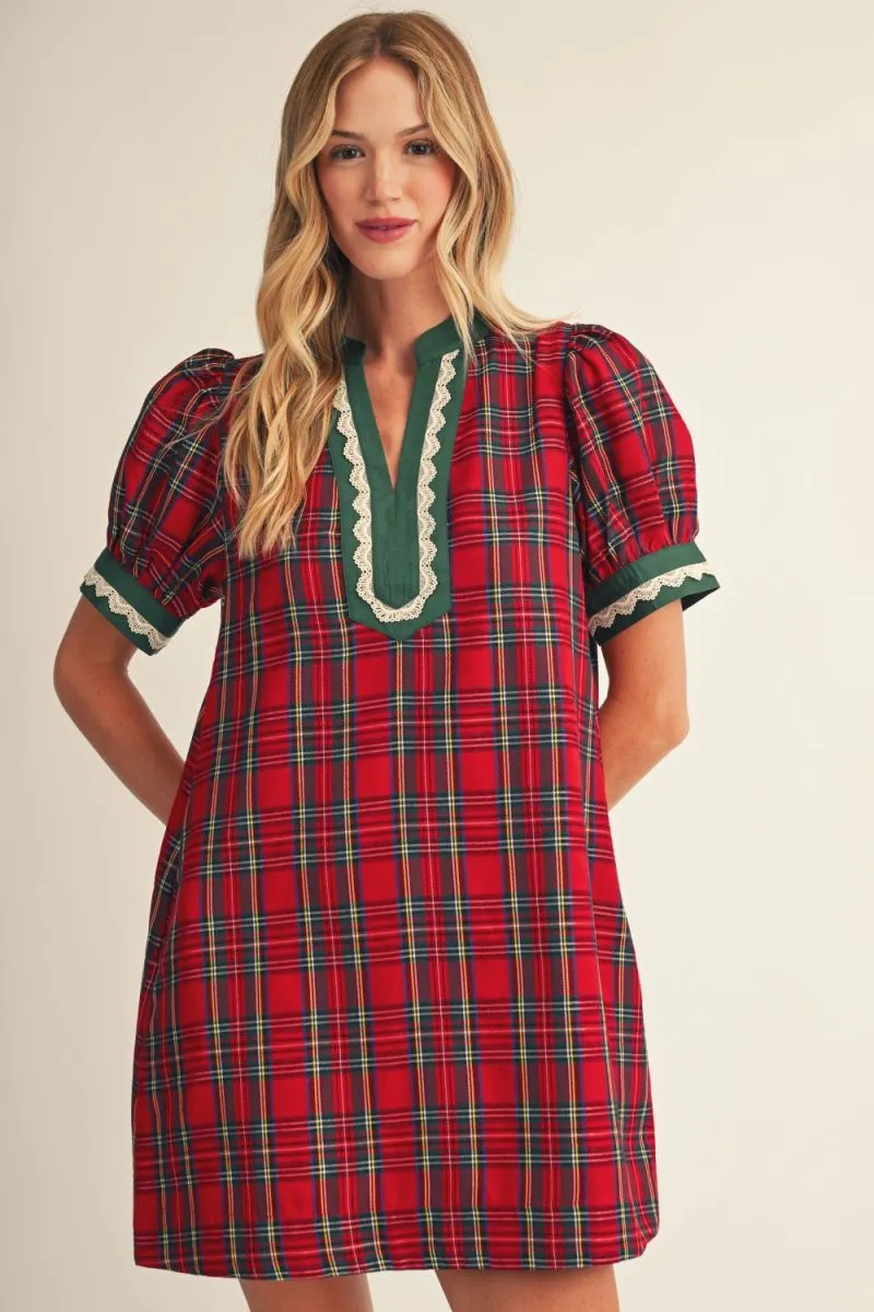 RED PLAID SHIFT DRESS WITH GREEN & LACE CONTRAST TRIM