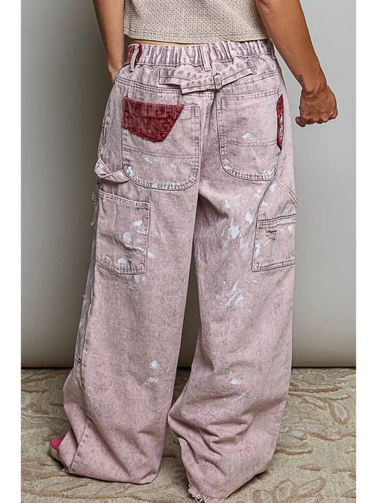 CLOUD PINK RAW EDGE HEM BACK WAISTBAND WOVEN WIDE LEG CARPENTER PANTS