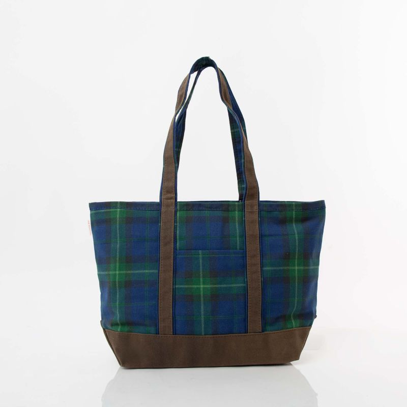PLAID WITH OLIVE WAXED TRIM TOTE - MEDIUM