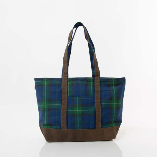 PLAID WITH OLIVE WAXED TRIM TOTE - MEDIUM
