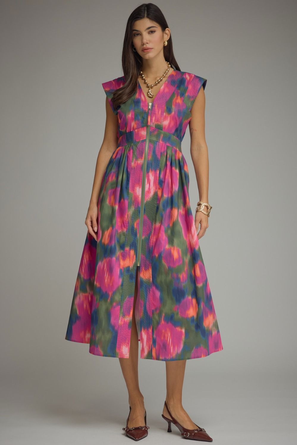 MAGENTA PRINTED CAP SLEEVE FRONT ZIP MIDI DRESS