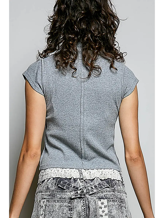 HEATHER GRAY VINTAGE WASH OVERLOCK STITCH MOCK NECK TOP
