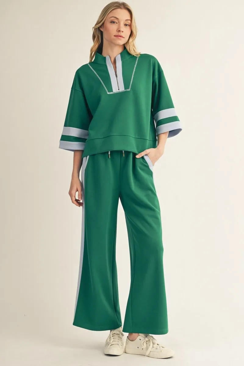GREEN FRONT ZIP 2 PC SWEATSHIRT & SWEATPANTS SET WITH CONTRAST DETAILS