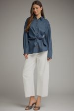 DARK DENIM LONG SLEEVE TOP WITH WRAP AROUND TIE FEATURE