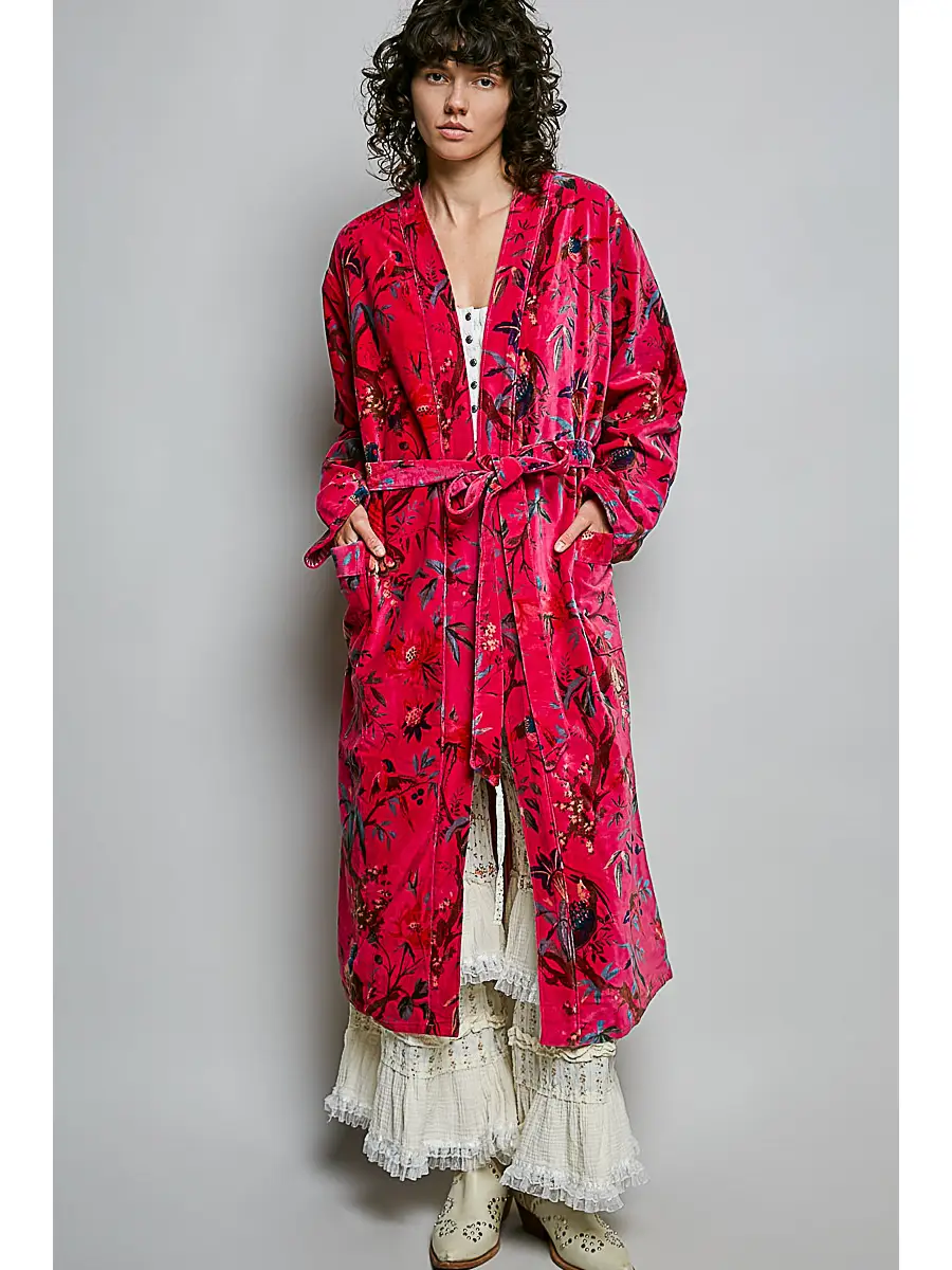 FUCHSIA FULL LENGTH SELF TIE BELT KIMONO STYLE ROBE VELVET JACKET