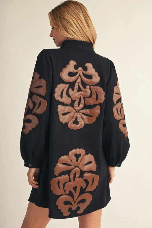 BLACK FAUX SUEDE DRESS WITH FAUX LEATHER APPLIQUE