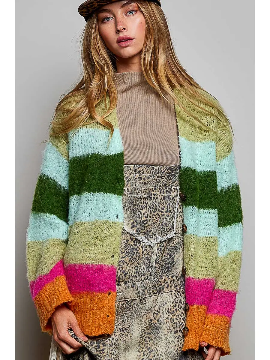 GREEN MULTI STRIPE MOHAIR V-NECK SWEATER CARDIGAN