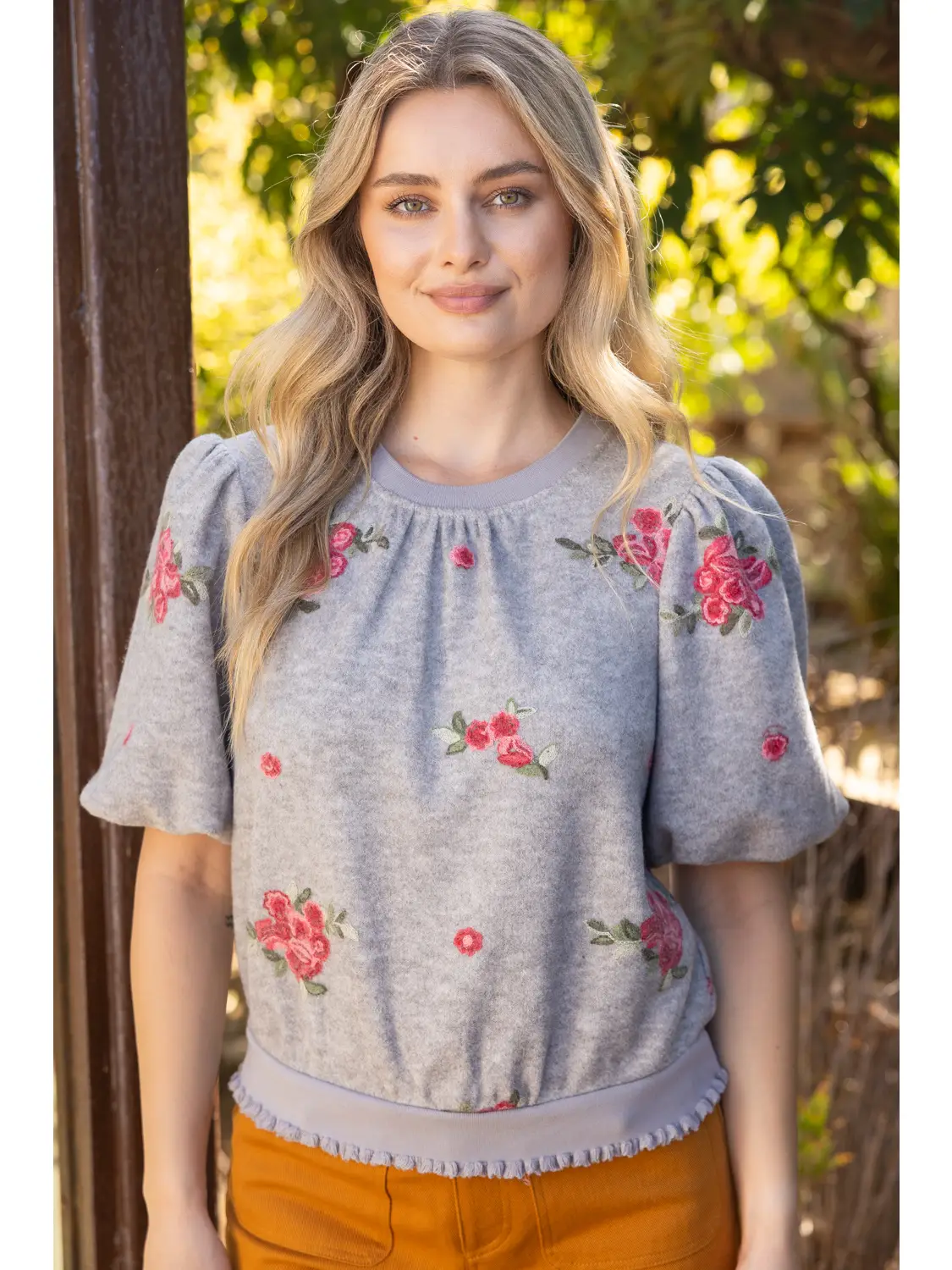 GREY RIBBED BAND DETAIL FLORAL EMBROIDERED BRUSHED KNIT TOP