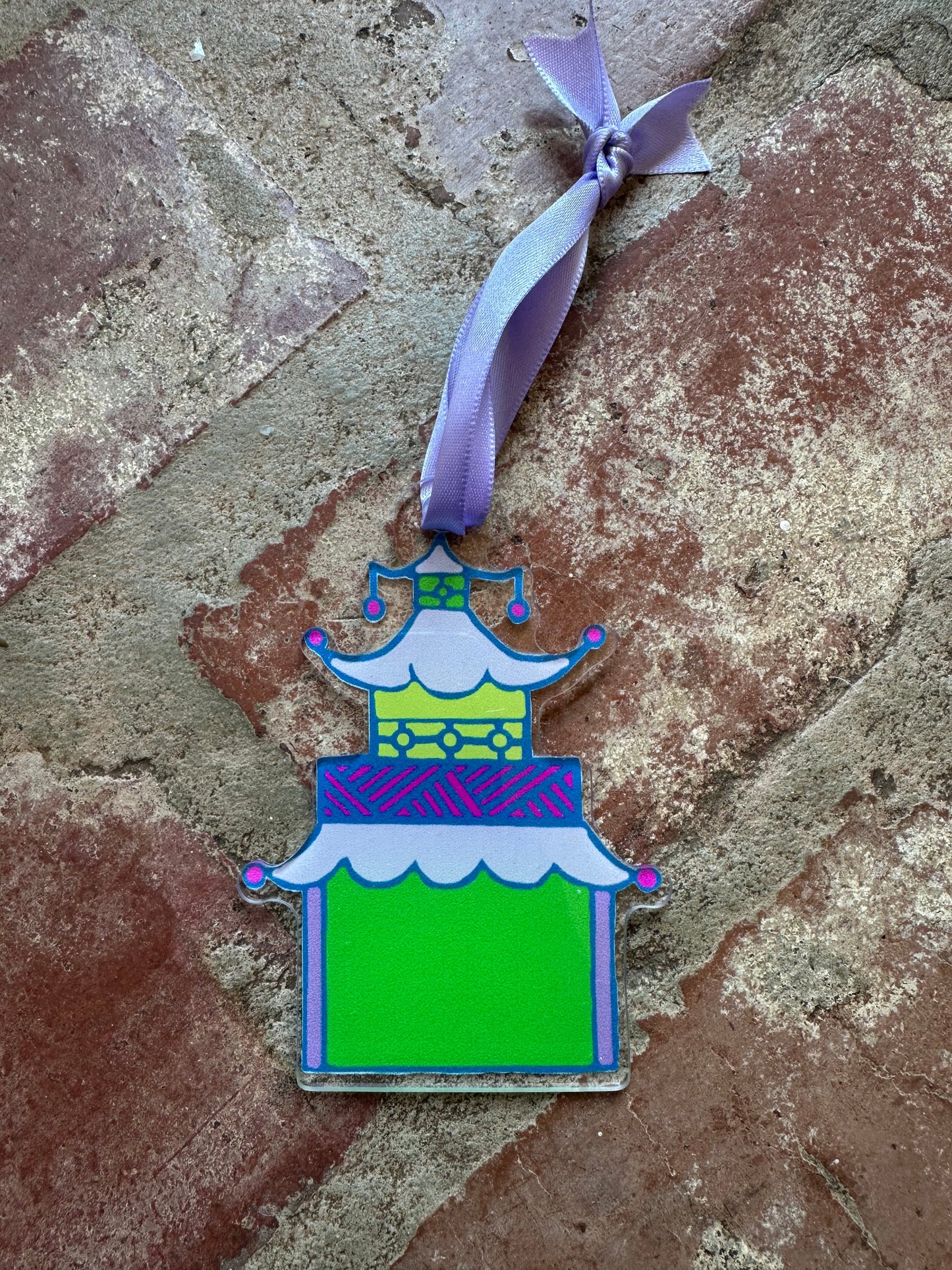 PURPLE & GREEN PAGODA HOUSE ACRYLIC ORNAMENT