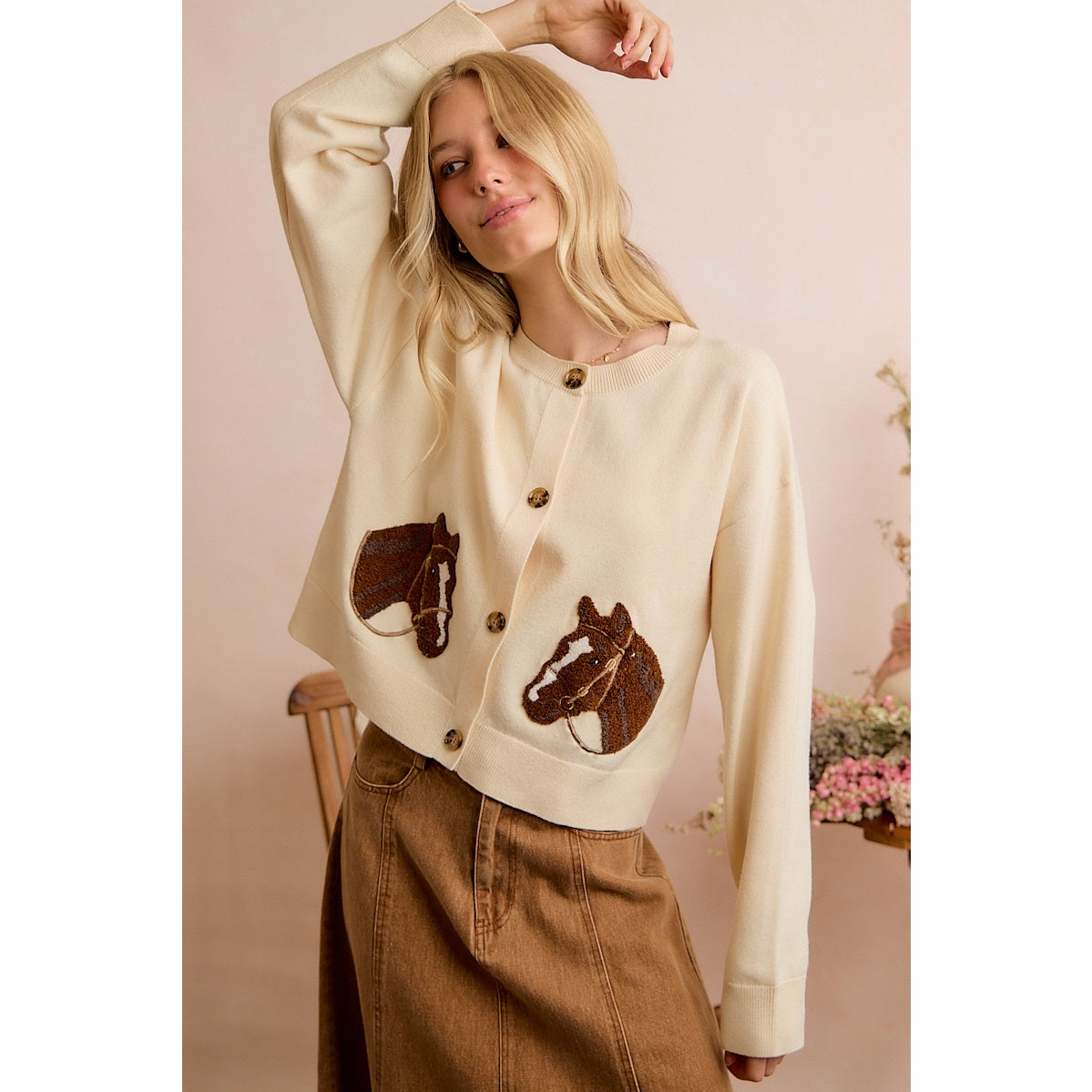 IVORY JACQUARD HORSE GRAPHIC LONG SLEEVE KNIT SWEATER CARDIGAN