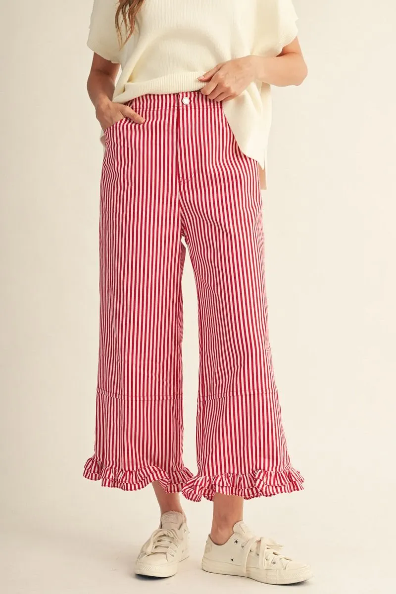 RED STRIPE WIDE LEG PANTS WITH RUFFLE HEM
