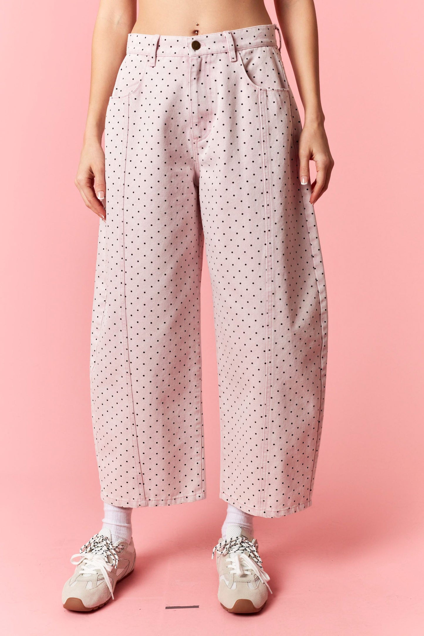 LIGHT PINK MINERAL WASHED POLKA DOT BARREL PANTS