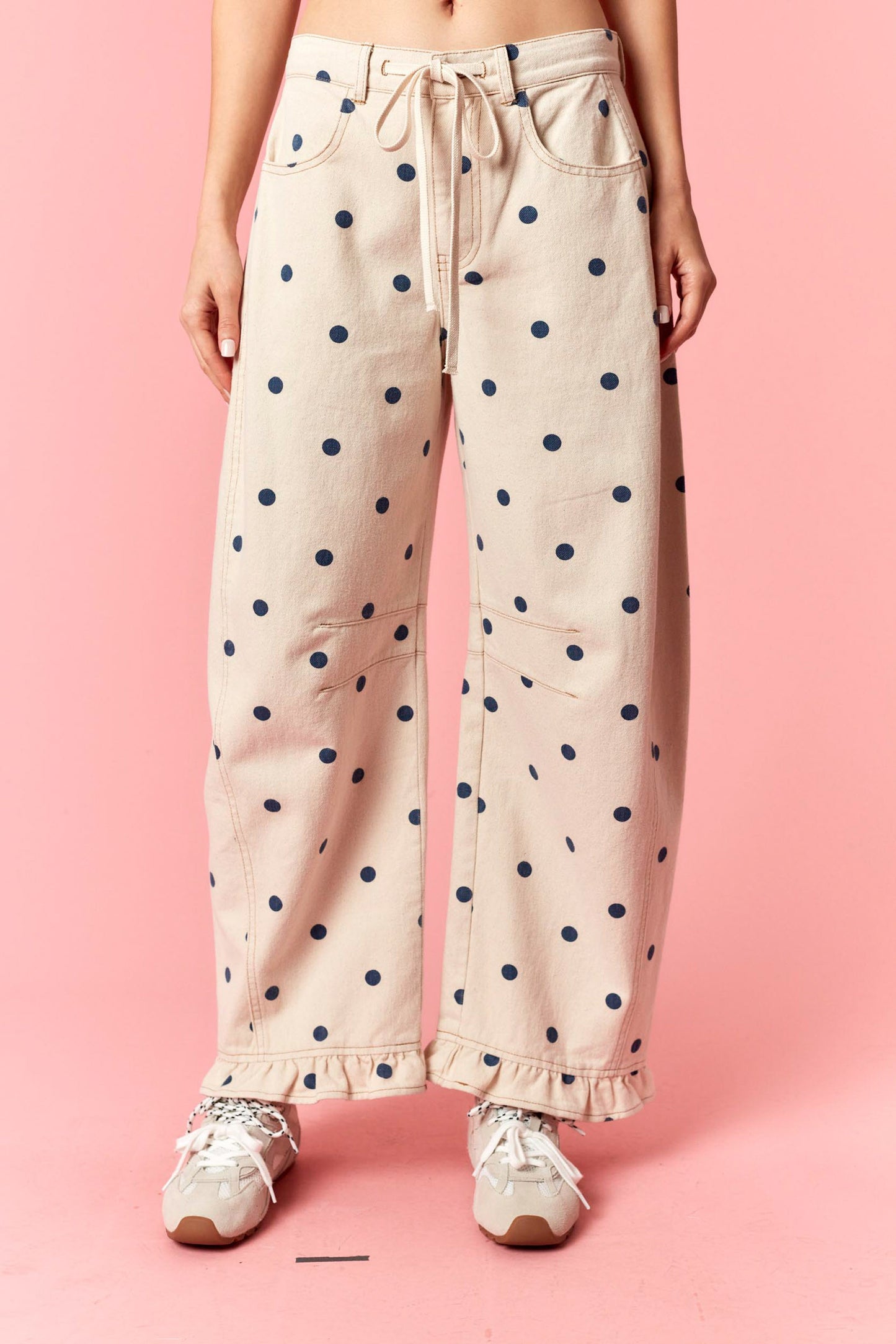 CREAM & NAVY BELTED WAIST RUFFLE HEM POLKA DOT BARREL TWILL PANTS