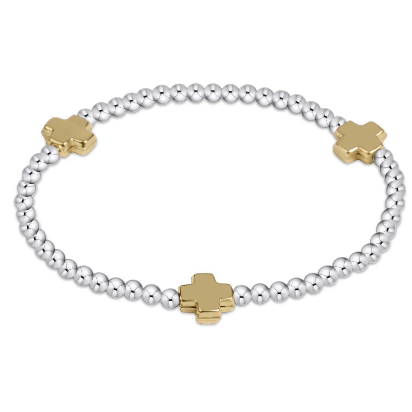 SIGNATURE CROSS STERLING MIXED METAL PATTERN 3MM BEAD BRACELET - GOLD