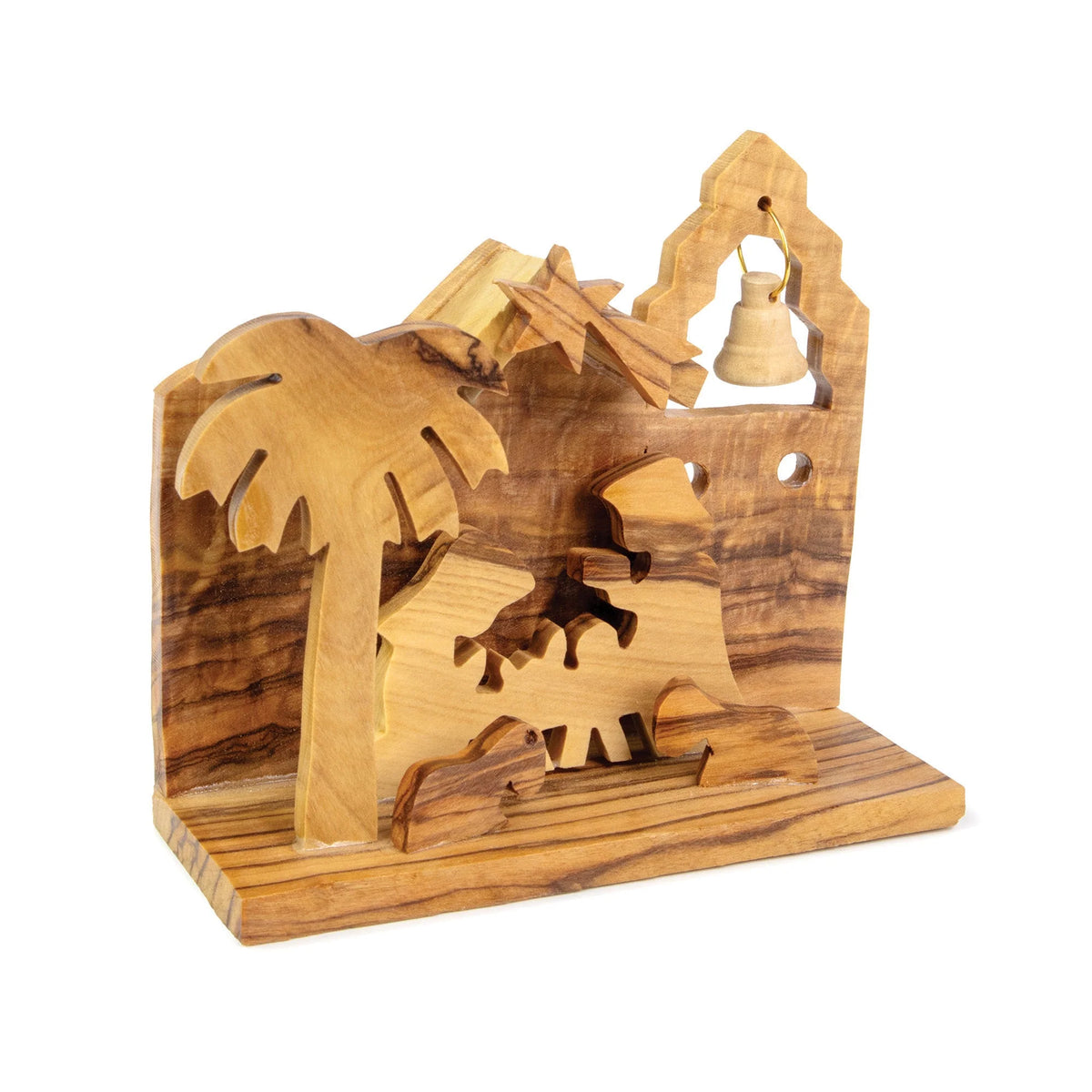OLIVE WOOD 3D NATIVITY FAMILY WITH BELL