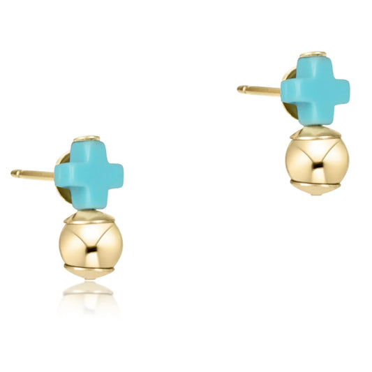 Signature Cross Small Turquoise Stud - Classic Gold