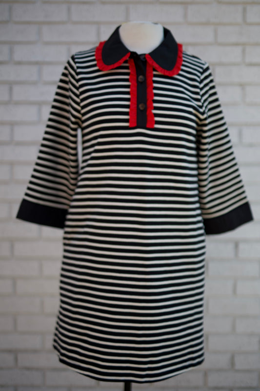 BLACK STRIPE 3/4 SLEEVE SHIFT DRESS WITH RED RUFFLE ACCENT