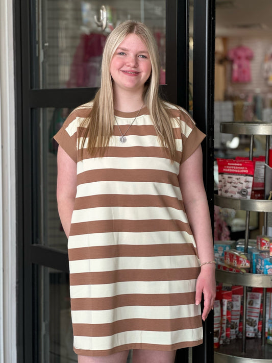 Tan & White Striped Shoulder Sleeve Dress