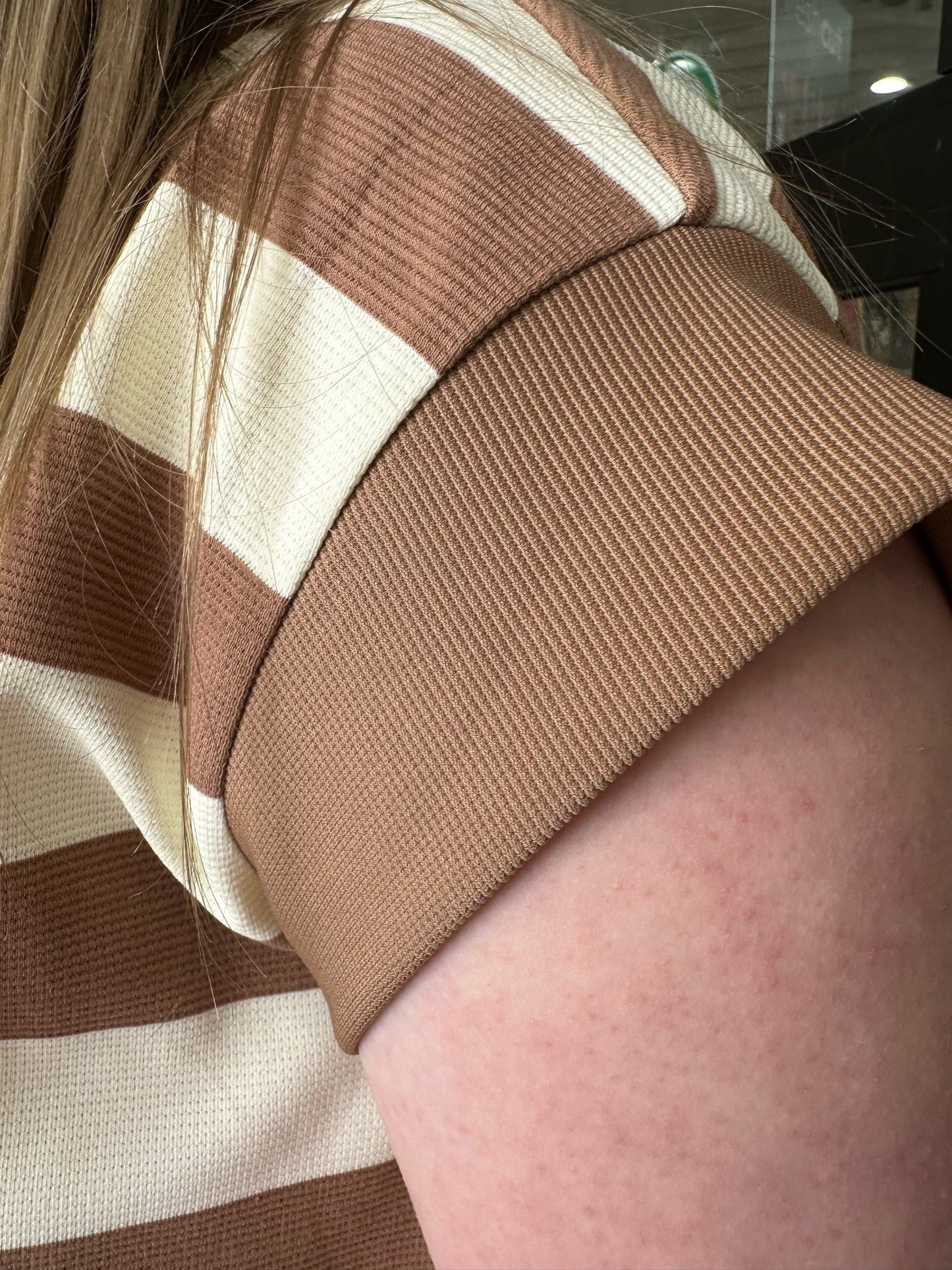 Tan & White Striped Shoulder Sleeve Dress