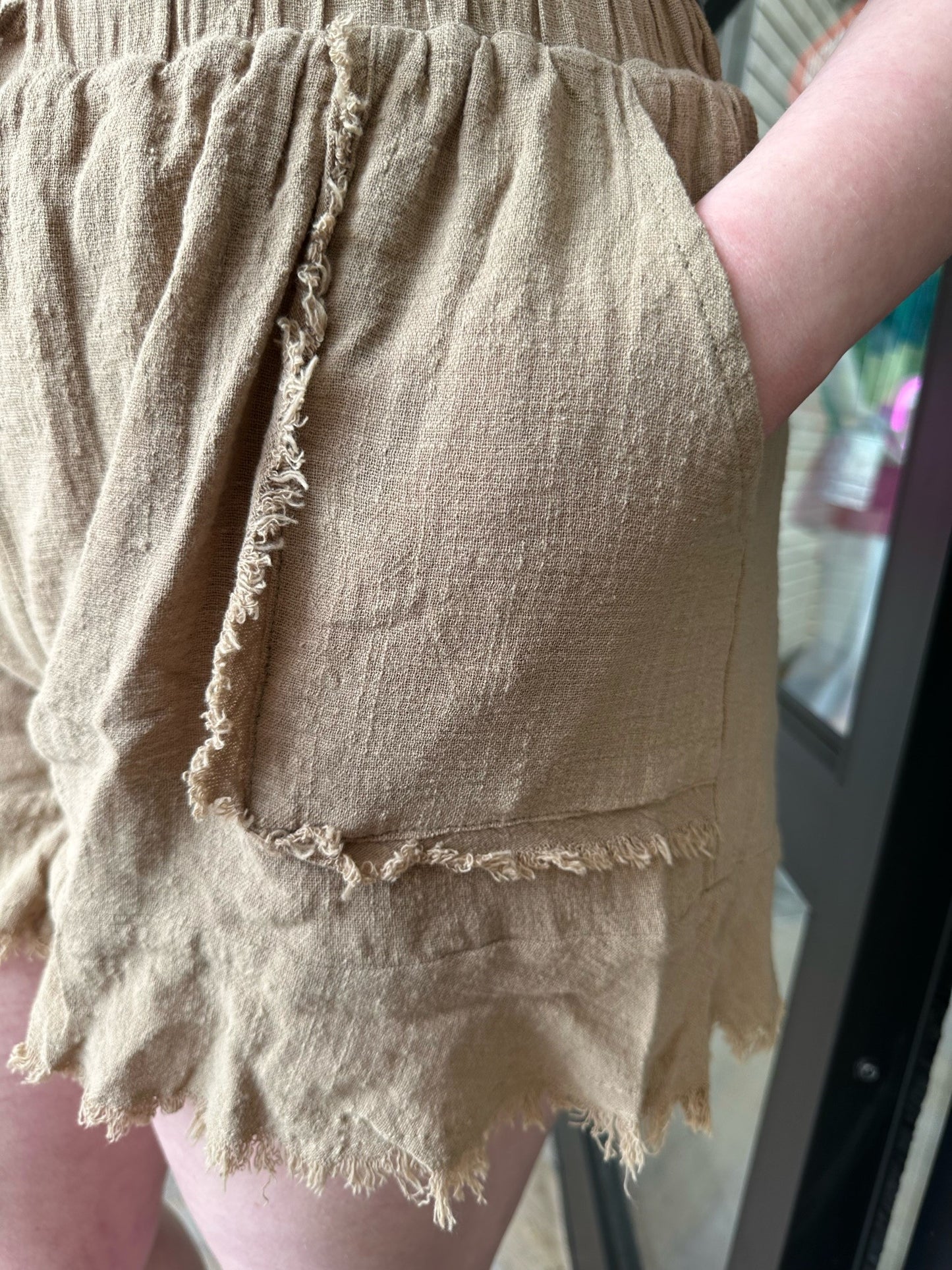 Tan Linen Shorts with Frayed Edges