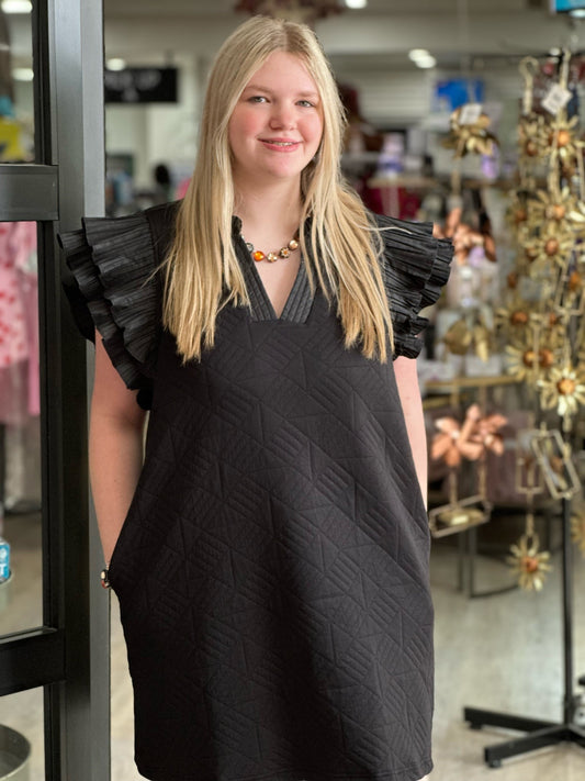 Black Quilted Dress with Flutter Sleeves