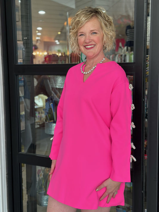 BeulahStyle Neon Pink Dress with Rhinestone Bow Sleeve Clips