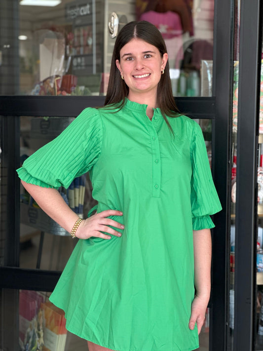 Green Goddess Dress with Pleated Sleeves & Waist Tie