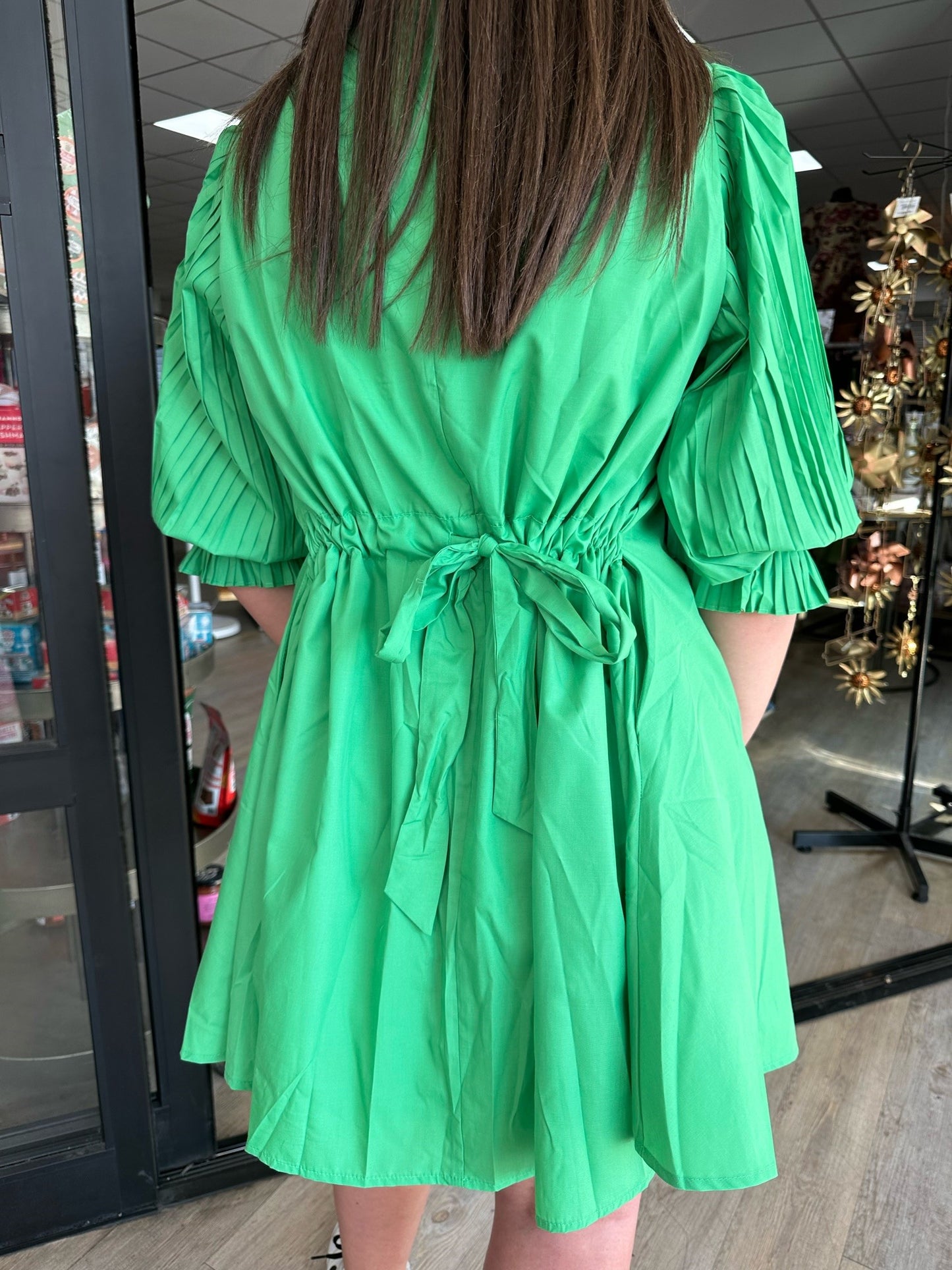 Green Goddess Dress with Pleated Sleeves & Waist Tie