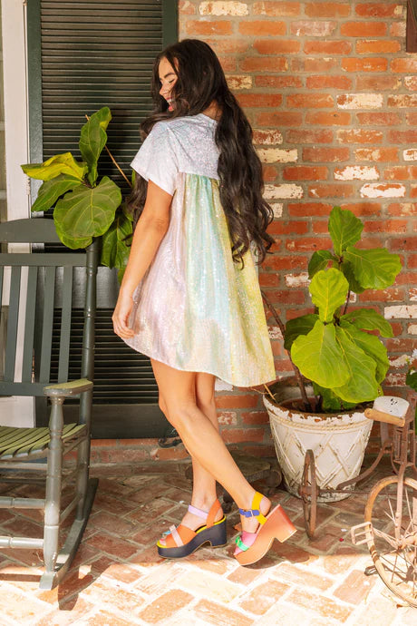 White top iridescent dress