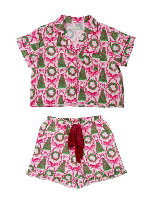 SATIN HOLDIAY PJ SET - PINK RIBBON/GREENERY