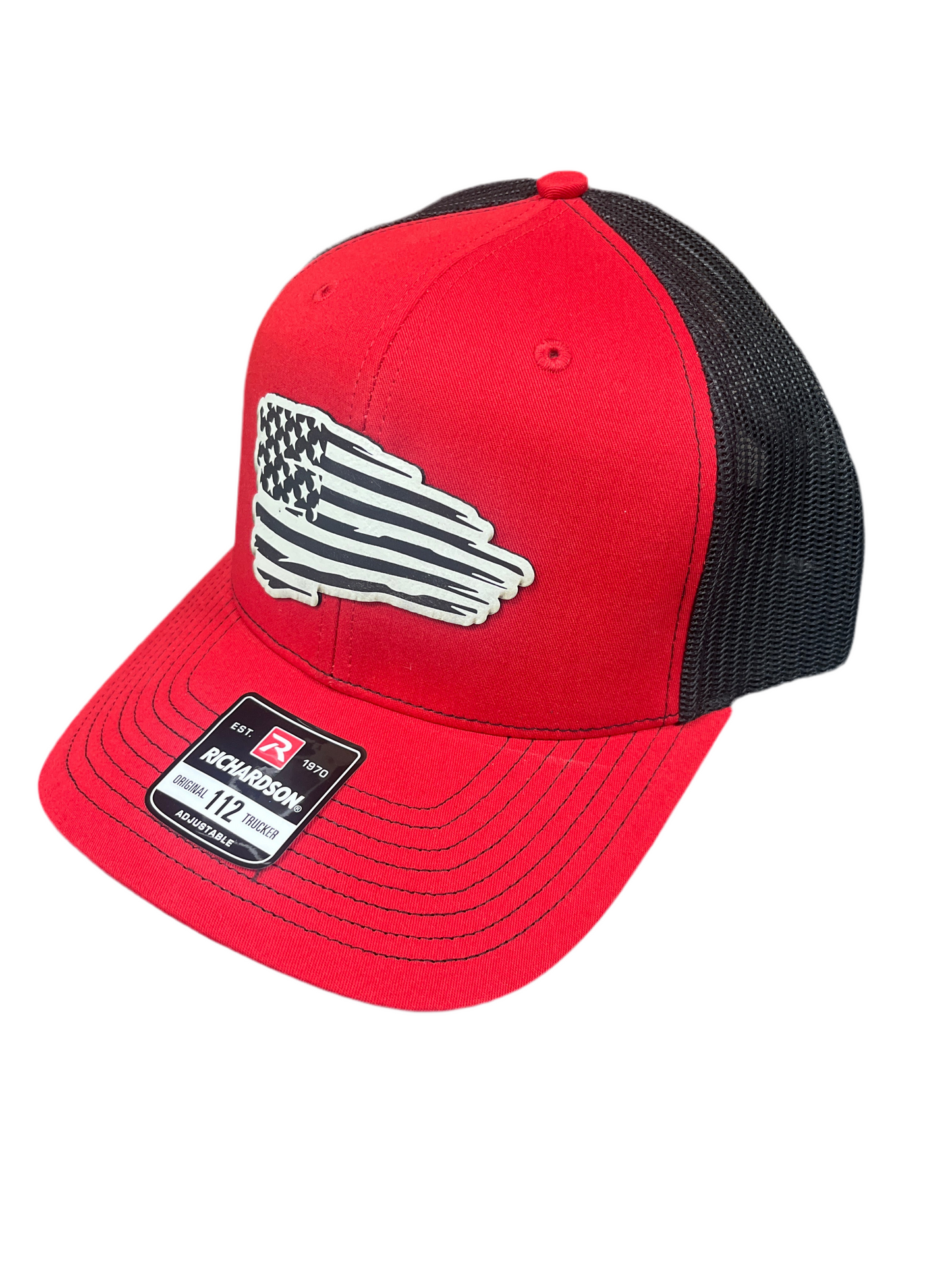 RED & BLACK HAT WITH WHITE FLAG PATCH