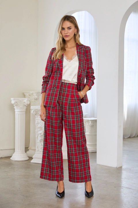 TARTAN PLAID HIGH WAISTED WIDE LEG TROUSERS