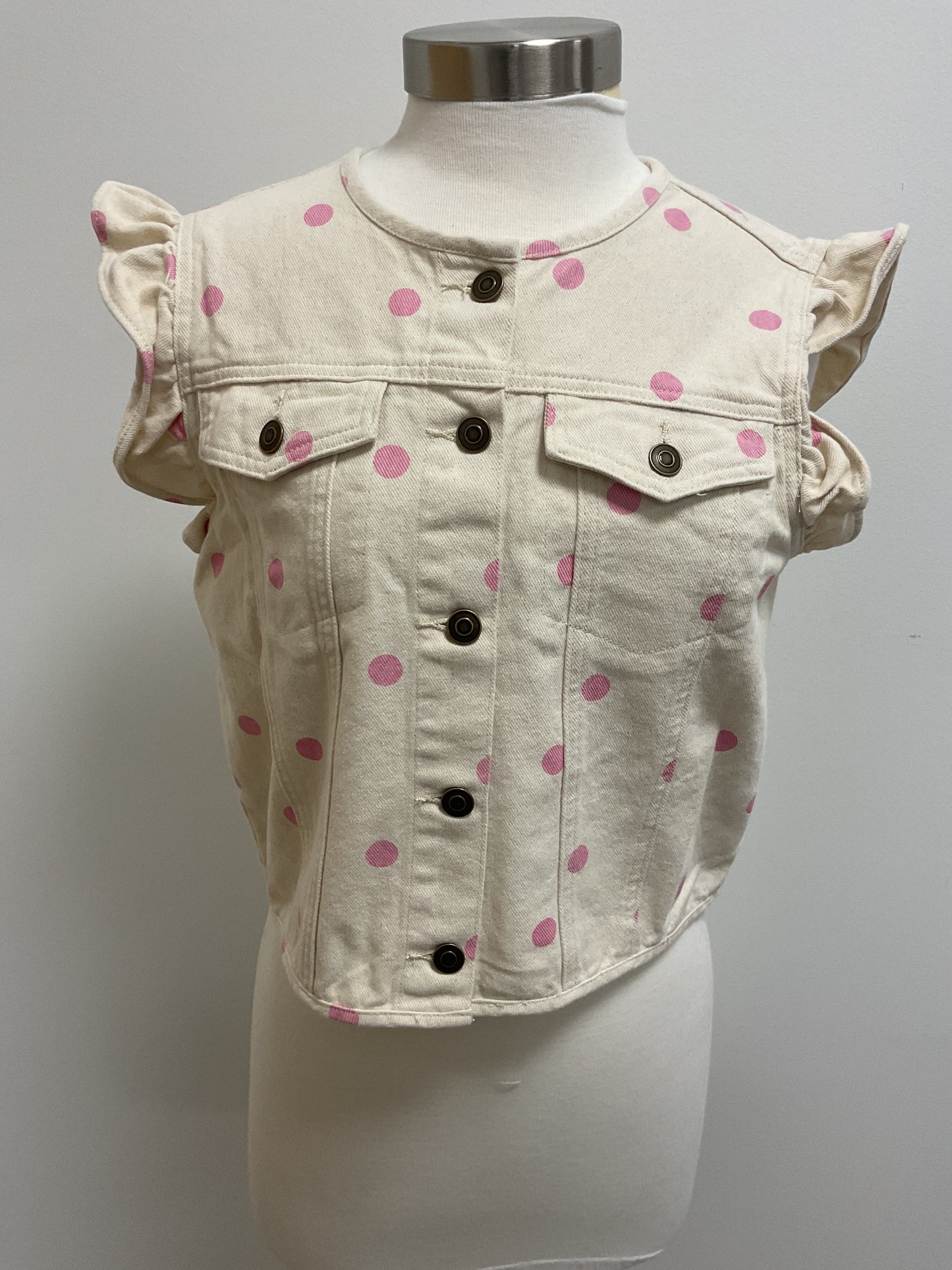 POLKA DOT WASHED TWILL DENIM CROPPED VEST - CREAM/LT. PINK