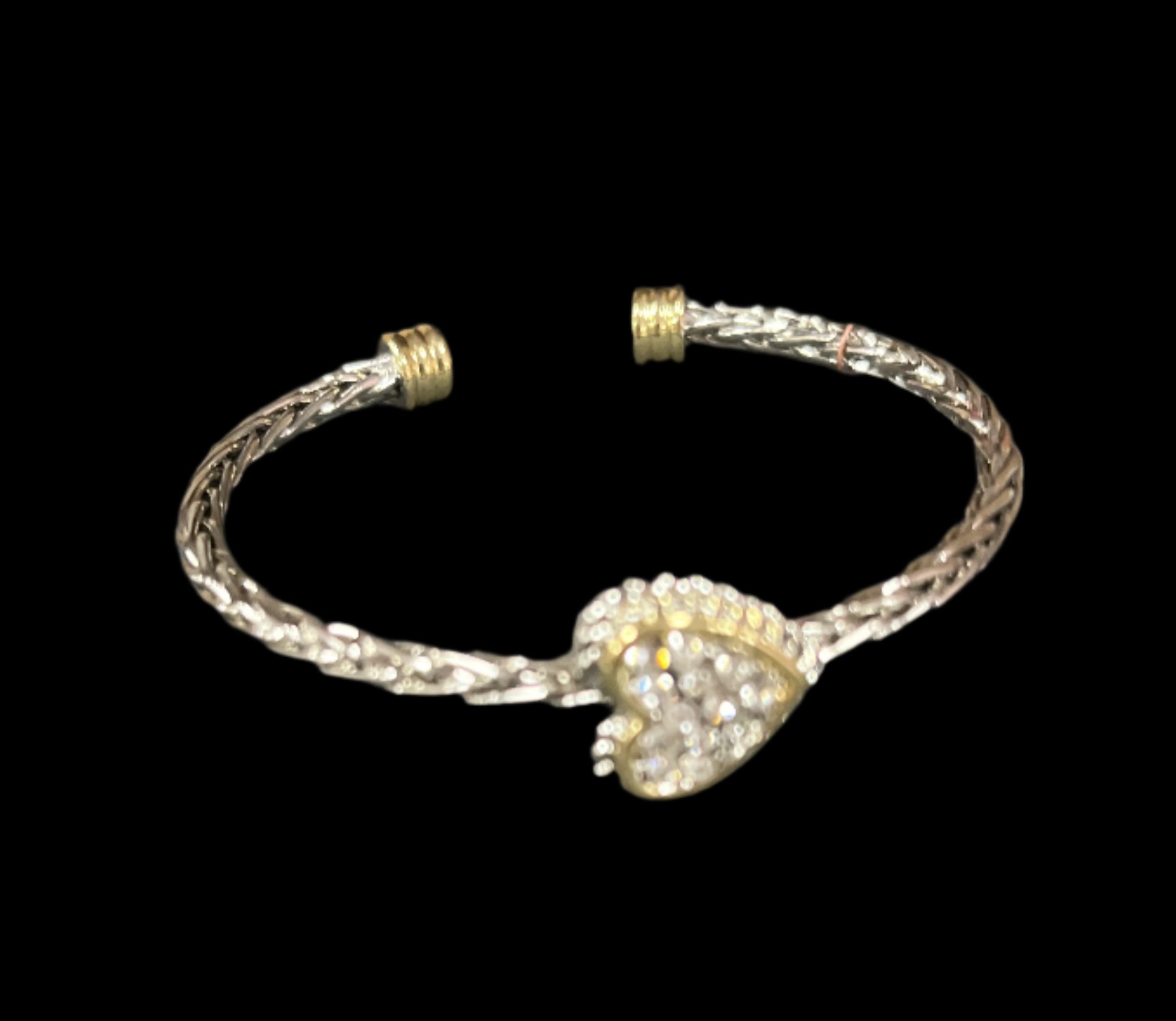 SILVER BRAIDED BRACELET WITH GOLD TOIPS AND CZ CLUSTER HEART