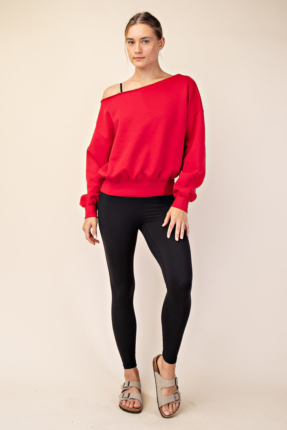FRENCH TERRY FLEECE OFF SHOULDER SWEATSHIRT - TRUE RED