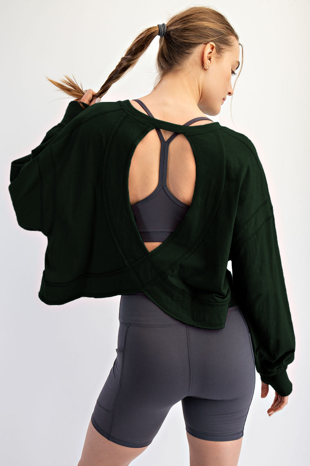 REGENCY GREEN SLUB OPEN BACK LONG SLEEVE TOP