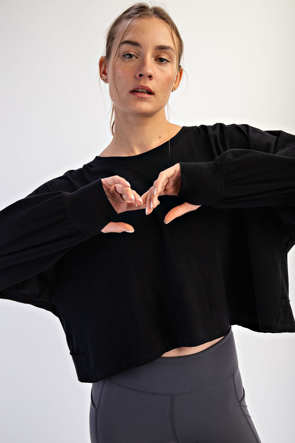 BLACK SLUB OPEN BACK LONG SLEEVE TOP